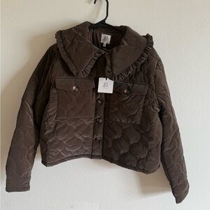NWT Brown Quilted Jacket with Ruffle Collar